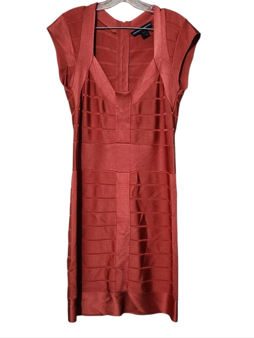 French Connection Miami Spotlight Burnt Orange Bandage Mini Bodycon Dress Sz 14 - Picture 4 of 7